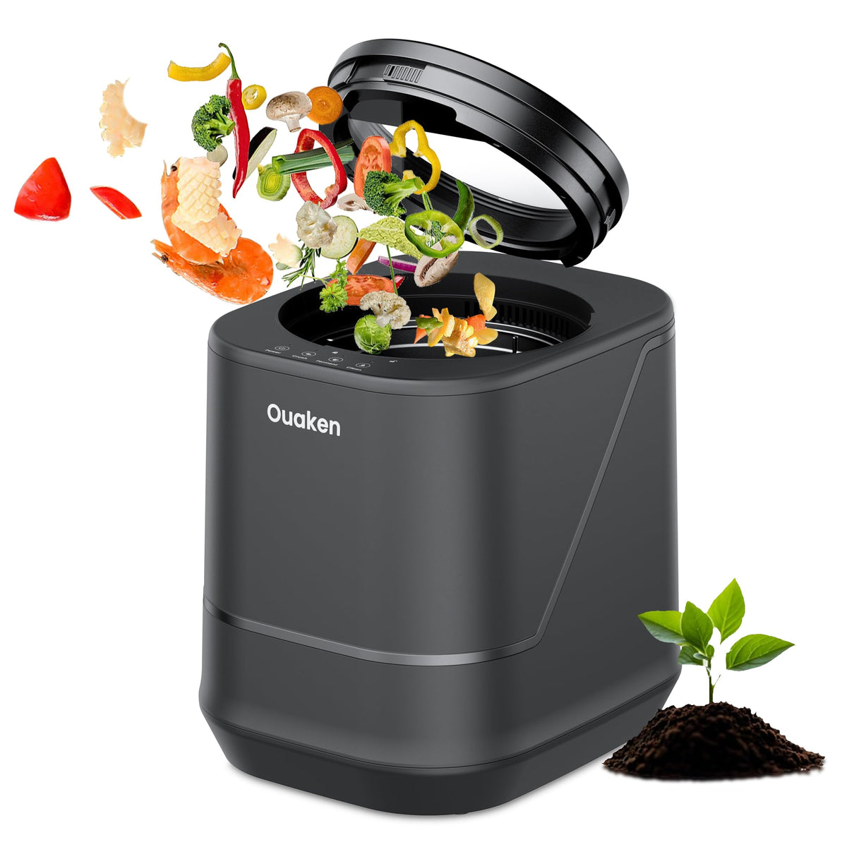 Ouaken 4L electric composter on countertop showing space-saving design for busy kitchens.