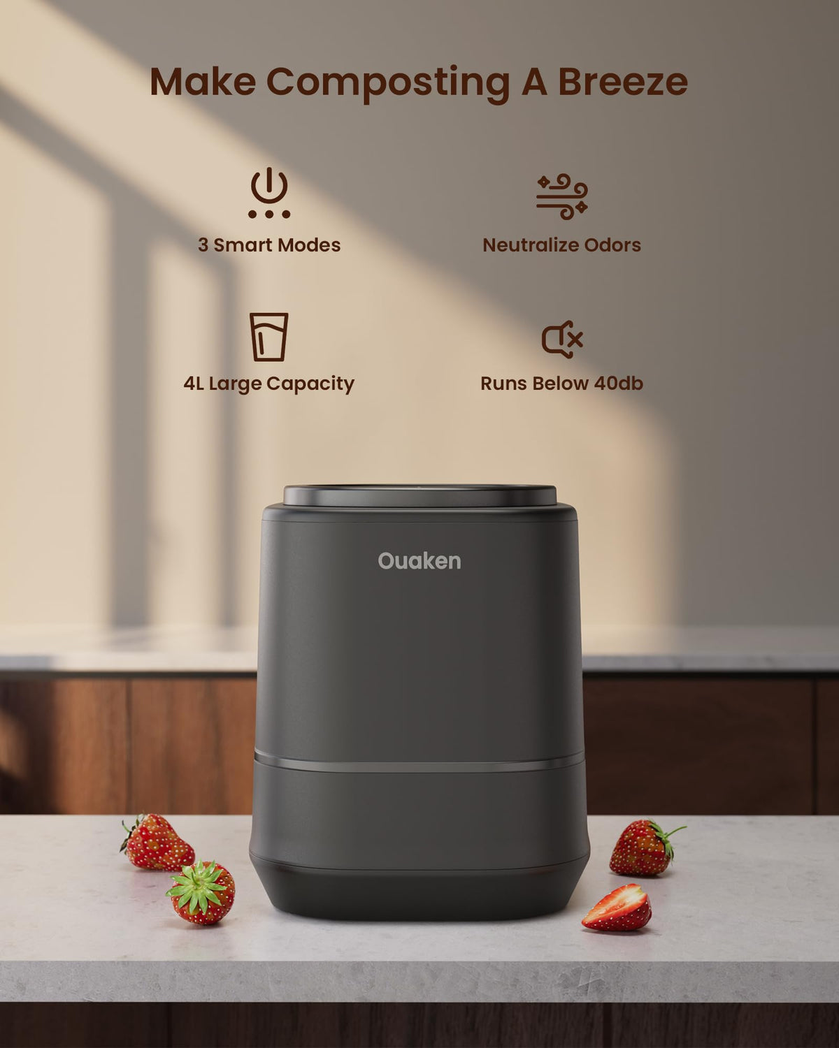 Ouaken composter crush mode interface enables quick reduction of waste volume at night.