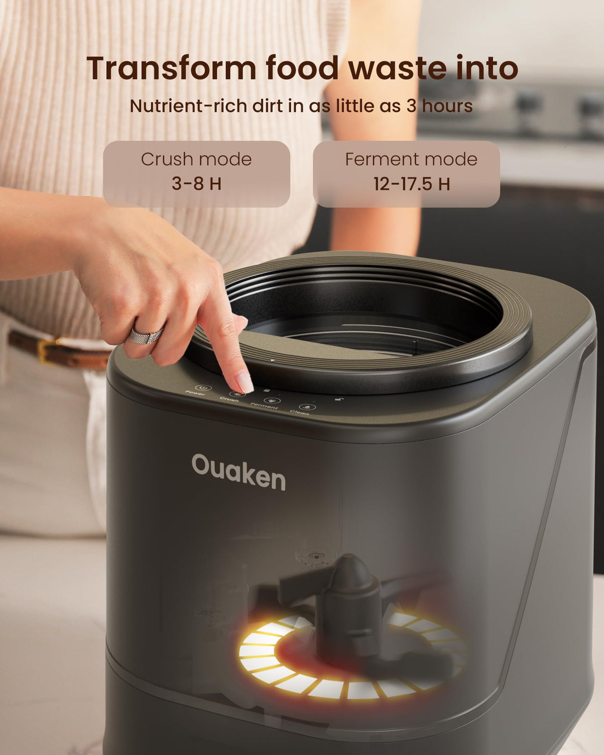 Ouaken composter ferment mode action accelerates composting into nutrient-rich fertilizer.