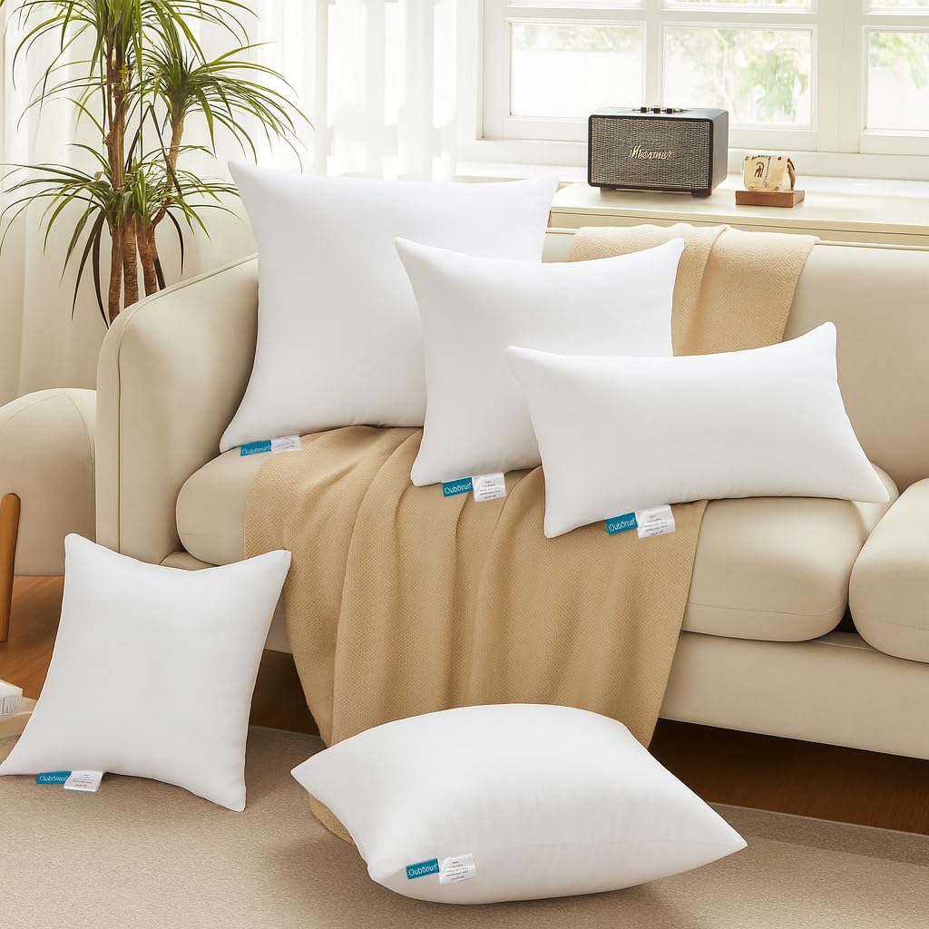 Oubonun 20x20 pillow insert side view highlights plush comfort on a couch.