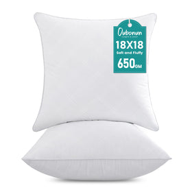Oubonun white square throw pillow insert, front view showing plush fullness for a sofa.