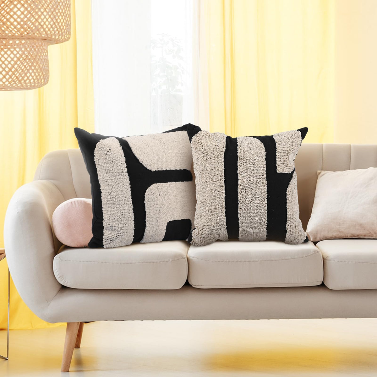 Oudain tufted pillow detail reveals geometric pattern for visual interest