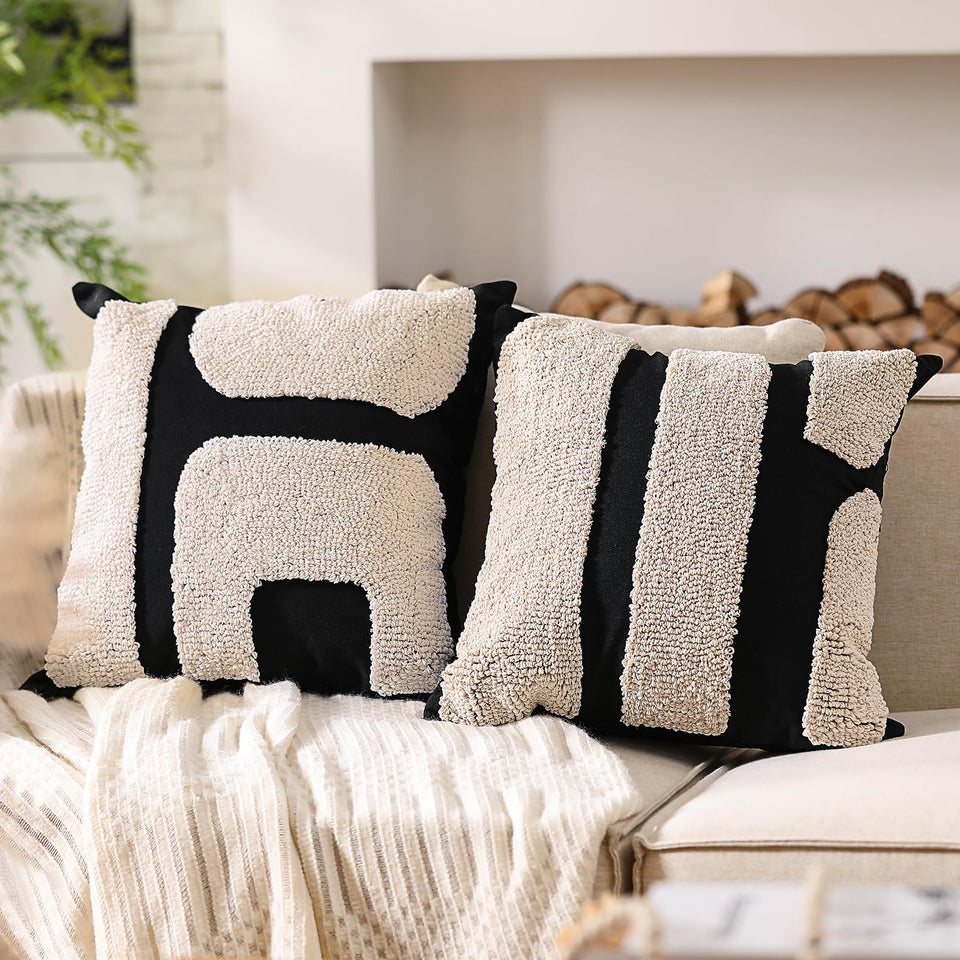Oudain two-pcs black and white tufted pillow covers, front view, ideal for chic home decor