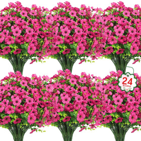 Ouddy Decor 24-bundle artificial outdoor flowers, rose red, UV resistant for patios and gardens.