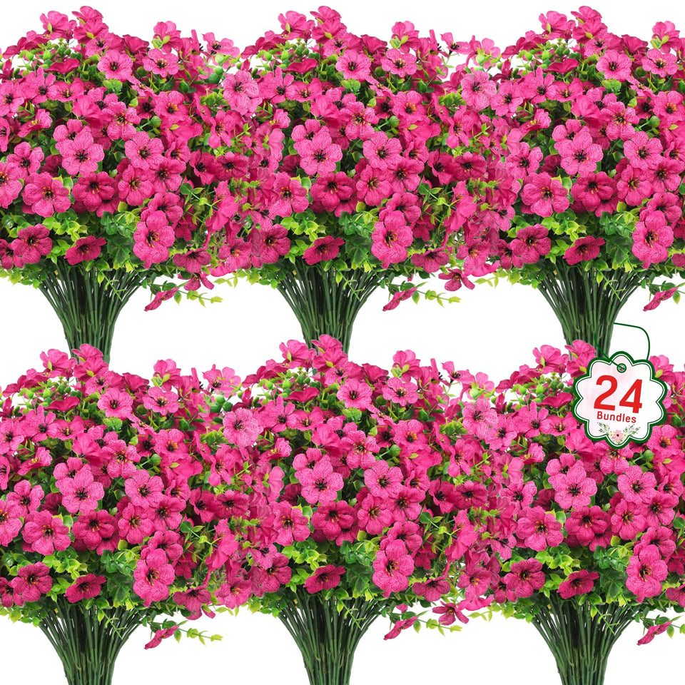 Ouddy Decor 24-bundle artificial outdoor flowers, rose red, UV resistant for patios and gardens.