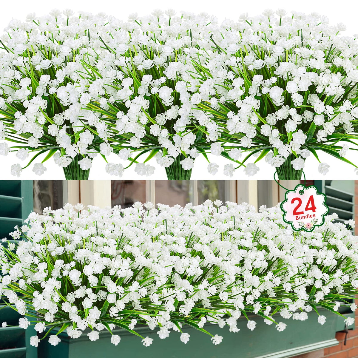 Ouddy Decor 24-pack outdoor artificial flowers UV-resistant for long-lasting color.