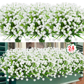Ouddy Decor 24-pack outdoor artificial flowers UV-resistant for long-lasting color.