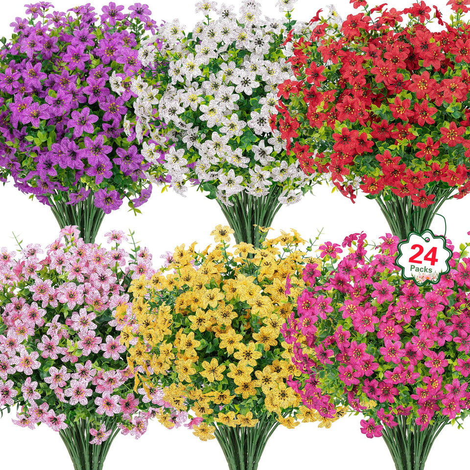 Ouddy Decor 24 bundles outdoor artificial flowers create vibrant year-round color.