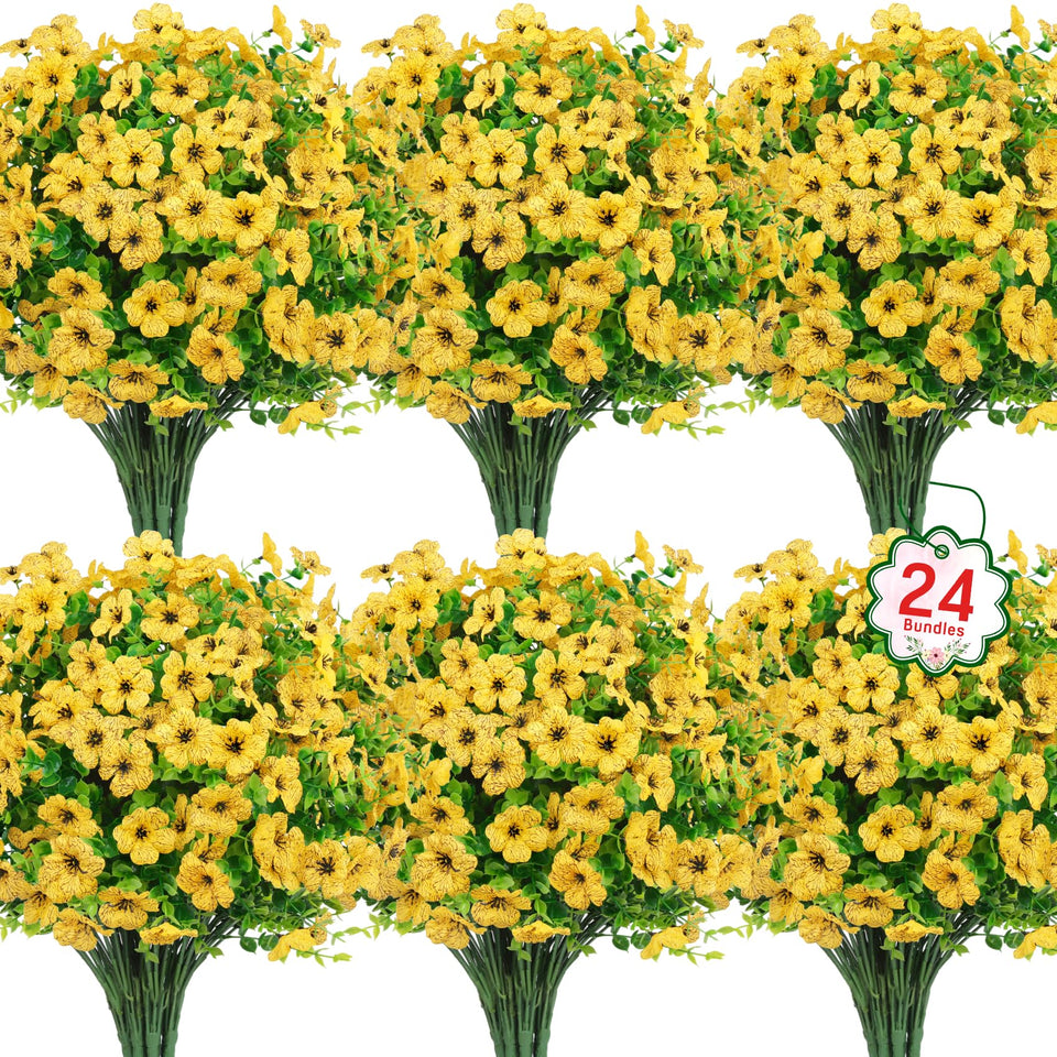 Ouddy Decor 24-bundles outdoor artificial flowers with 7 stems each for lasting color.