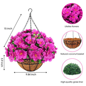 Ouddy Decor artificial azalea in coconut basket brightens outdoor spaces.