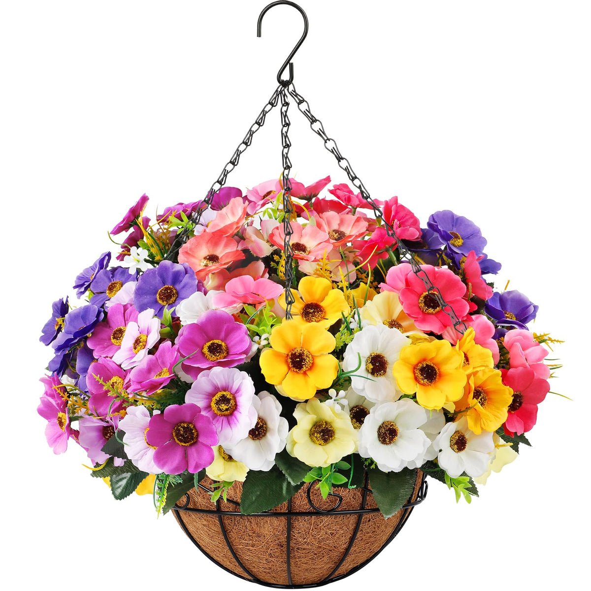 Ouddy Decor artificial hanging flowers in a basket add colorful outdoor décor.