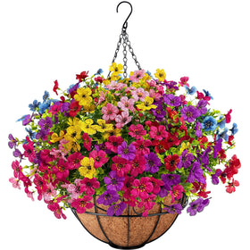 Ouddy Decor artificial hanging flowers in a basket for outdoor year-round color.