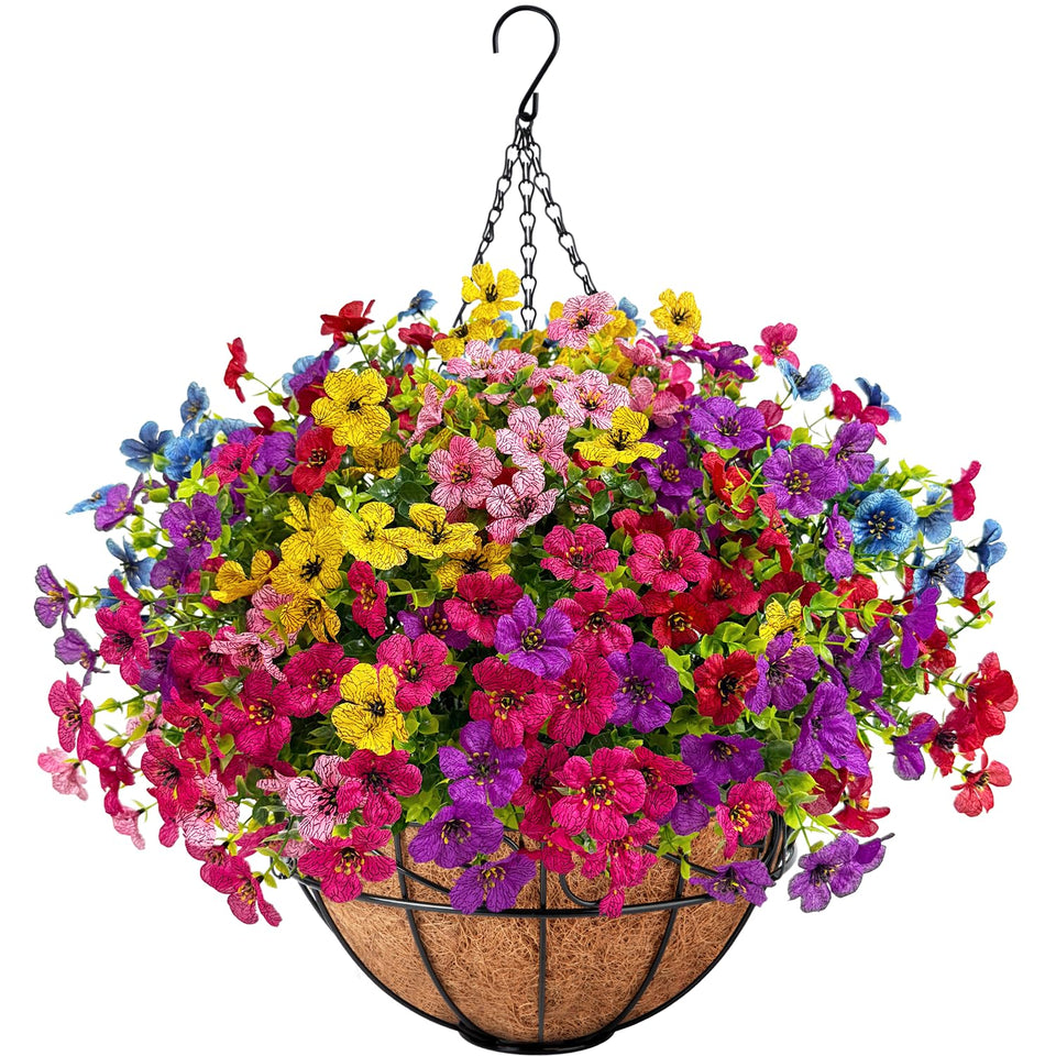 Ouddy Decor artificial hanging flowers in a basket for outdoor year-round color.