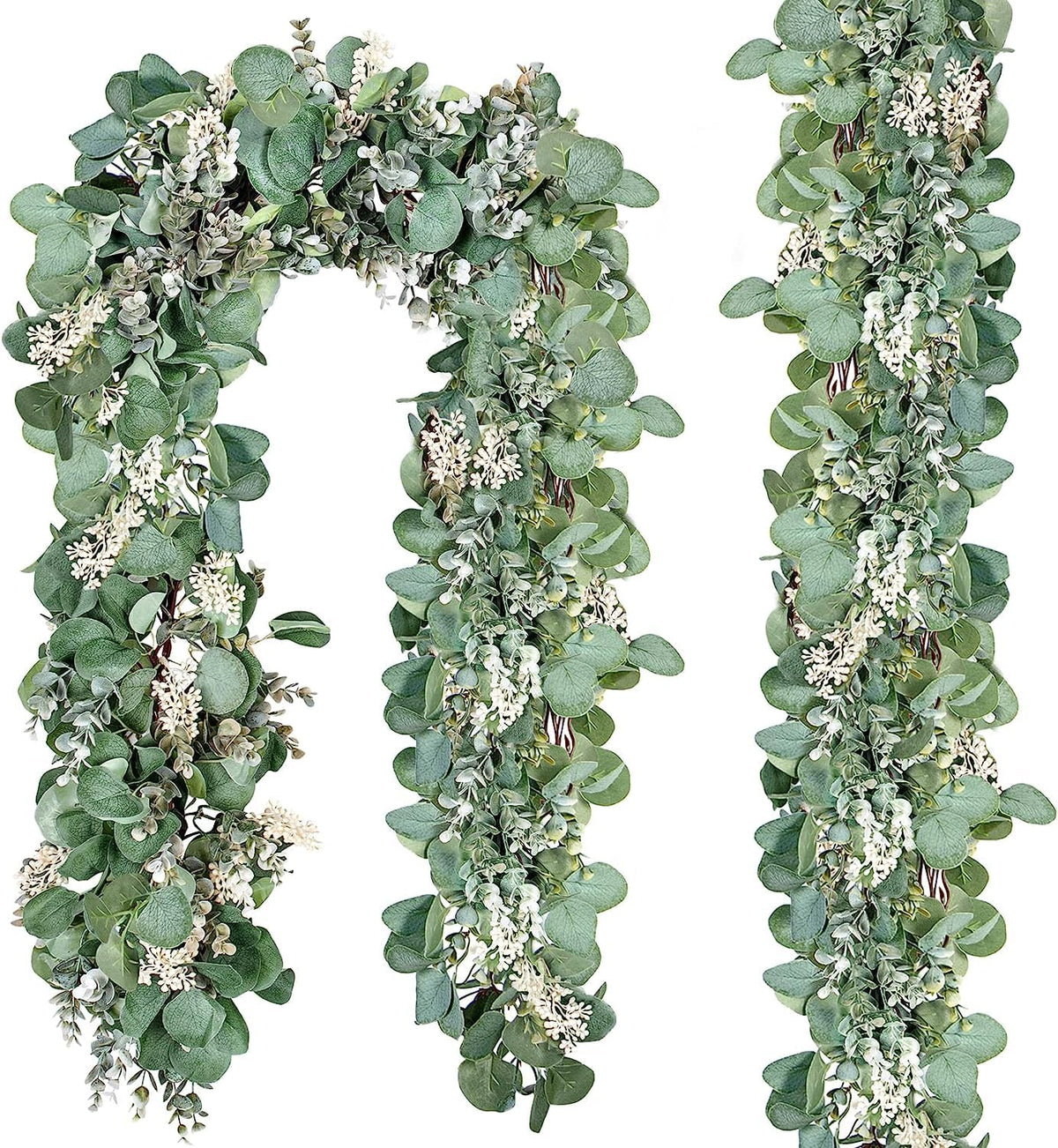 Ouddy Decor eucalyptus garland close-up showing silver-dollar leaves for lush greenery accent.