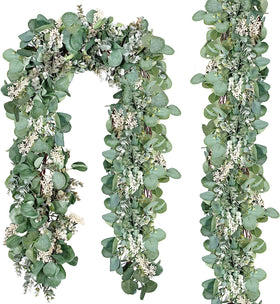 Ouddy Decor eucalyptus garland close-up showing silver-dollar leaves for lush greenery accent.