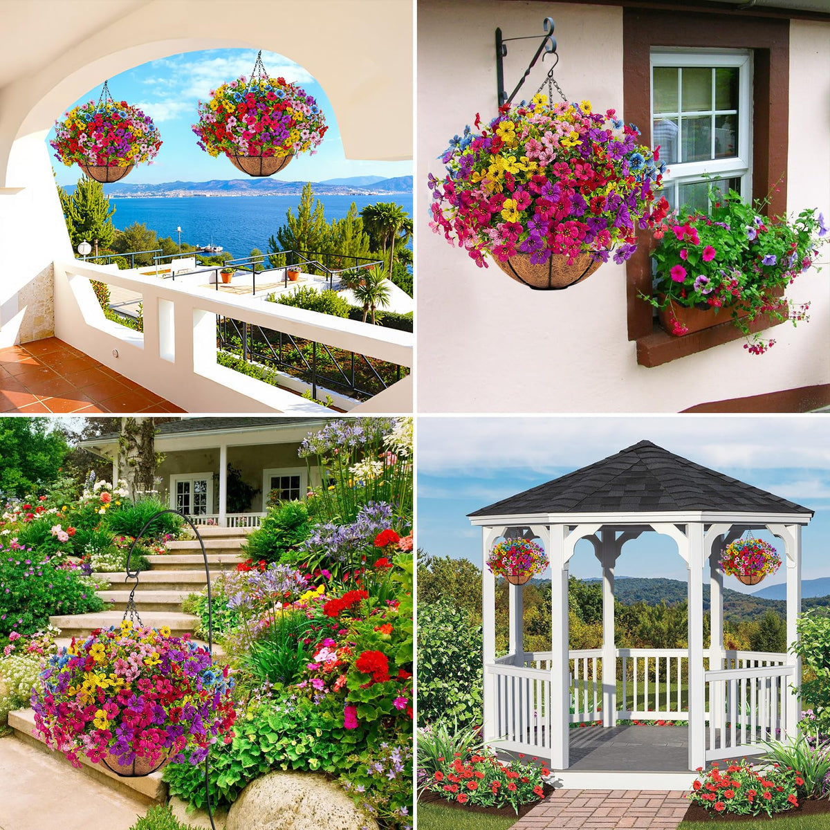 Ouddy Decor outdoor hanging display brightens balconies and porches all year.