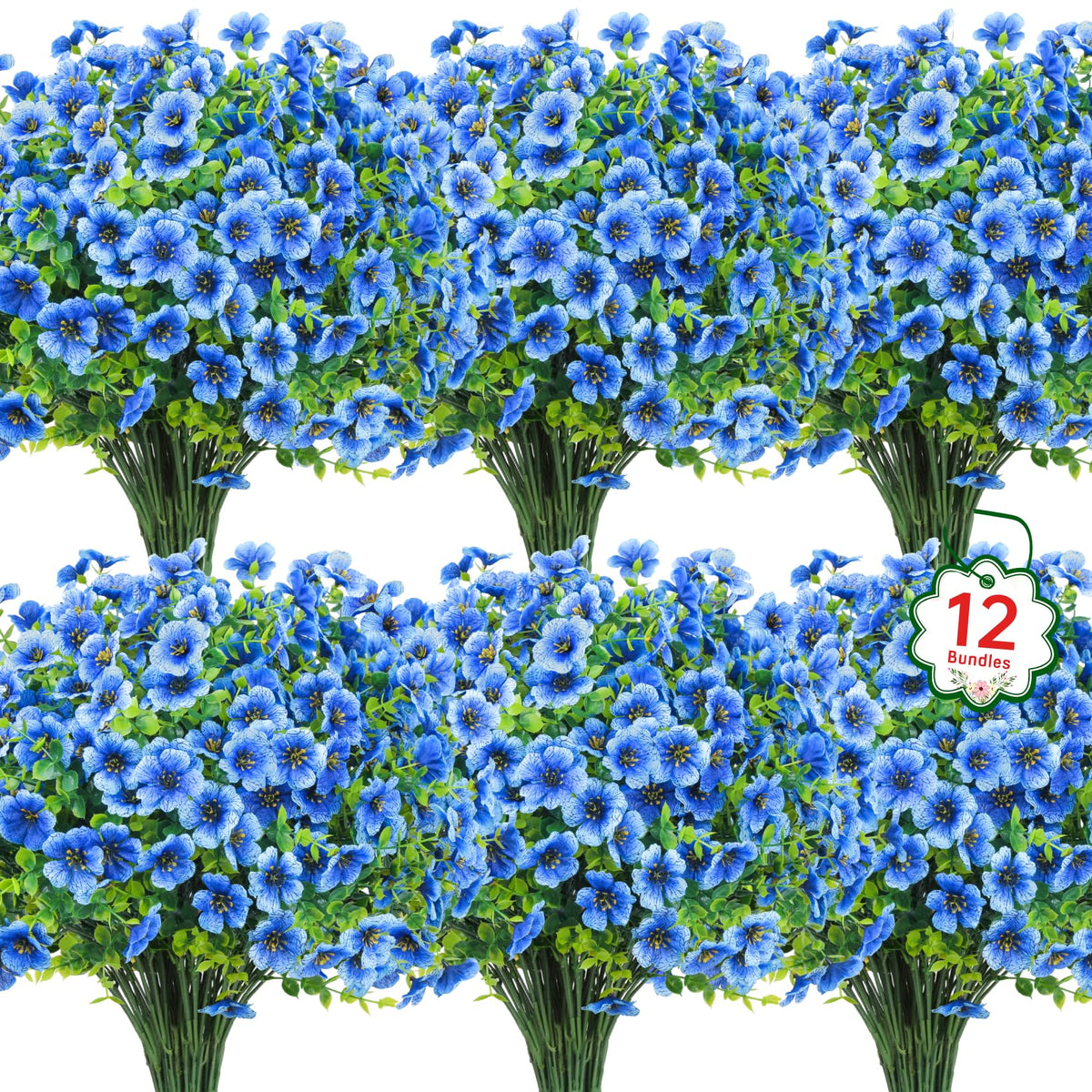 Ouddy Decor outdoor artificial flowers in blue, 12 bundles, for long-lasting patio color