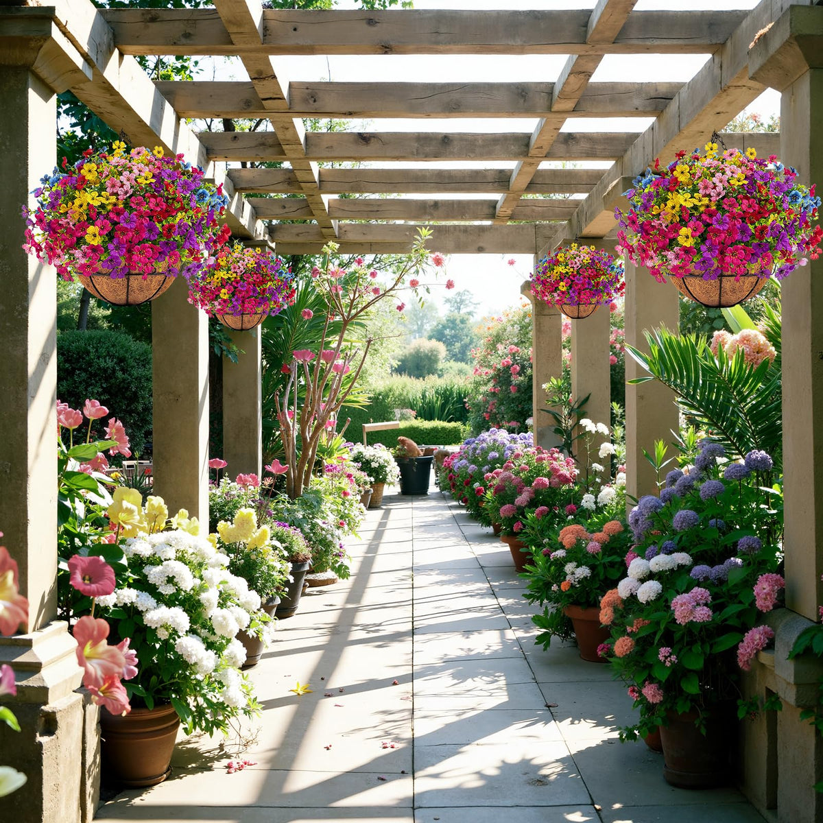Ouddy Decor year-round color from UV resistant flowers enhances gardens.