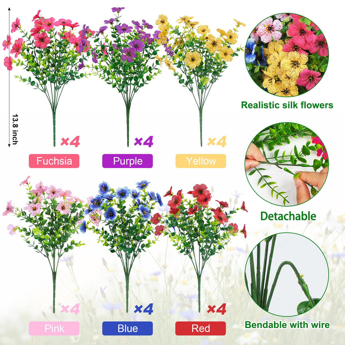Ouddy Decor purple mix artificial flowers evoke lively garden vibes.