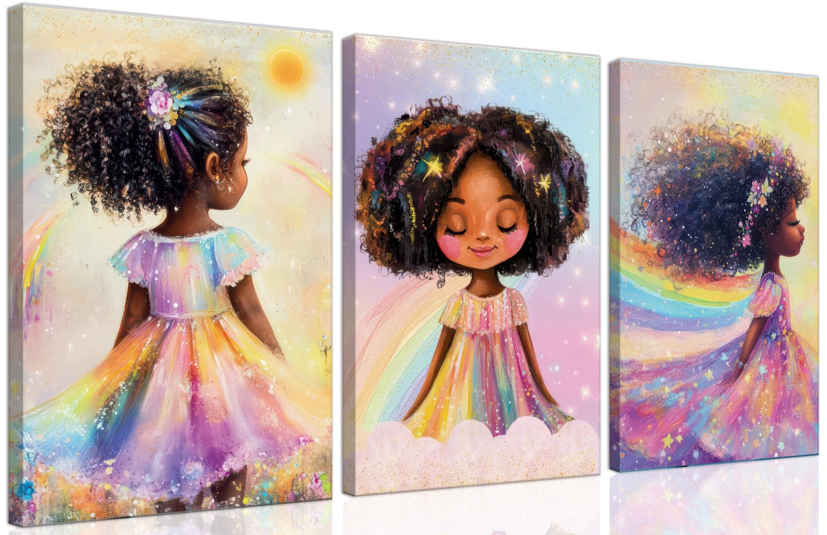 ouiytws Black Girl Princess triptych front view with rainbow hair enhances nursery storytelling decor