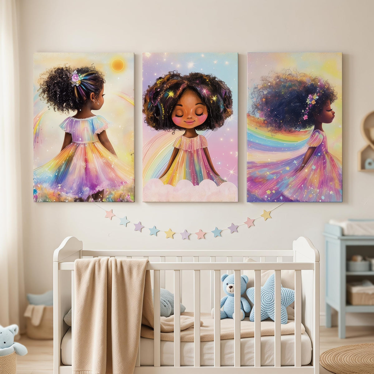 ouiytws Black Girl Princess triptych profile shows dreamy expression for kid-friendly wall art