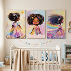 ouiytws Black Girl Princess triptych profile shows dreamy expression for kid-friendly wall art