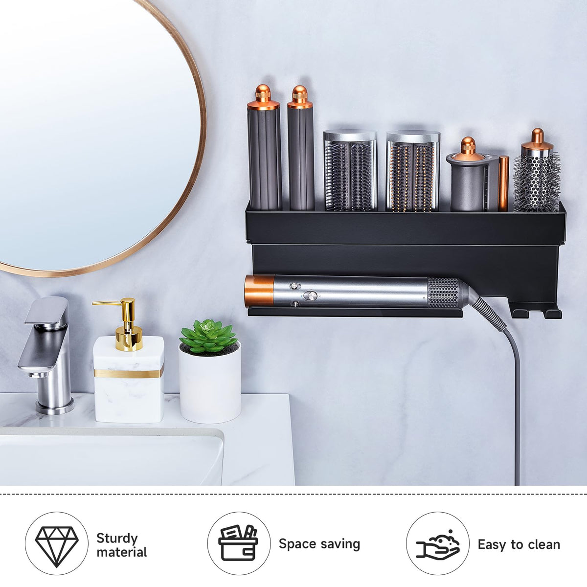 Oukimly space-saving design frees counter space and keeps styling area tidy.
