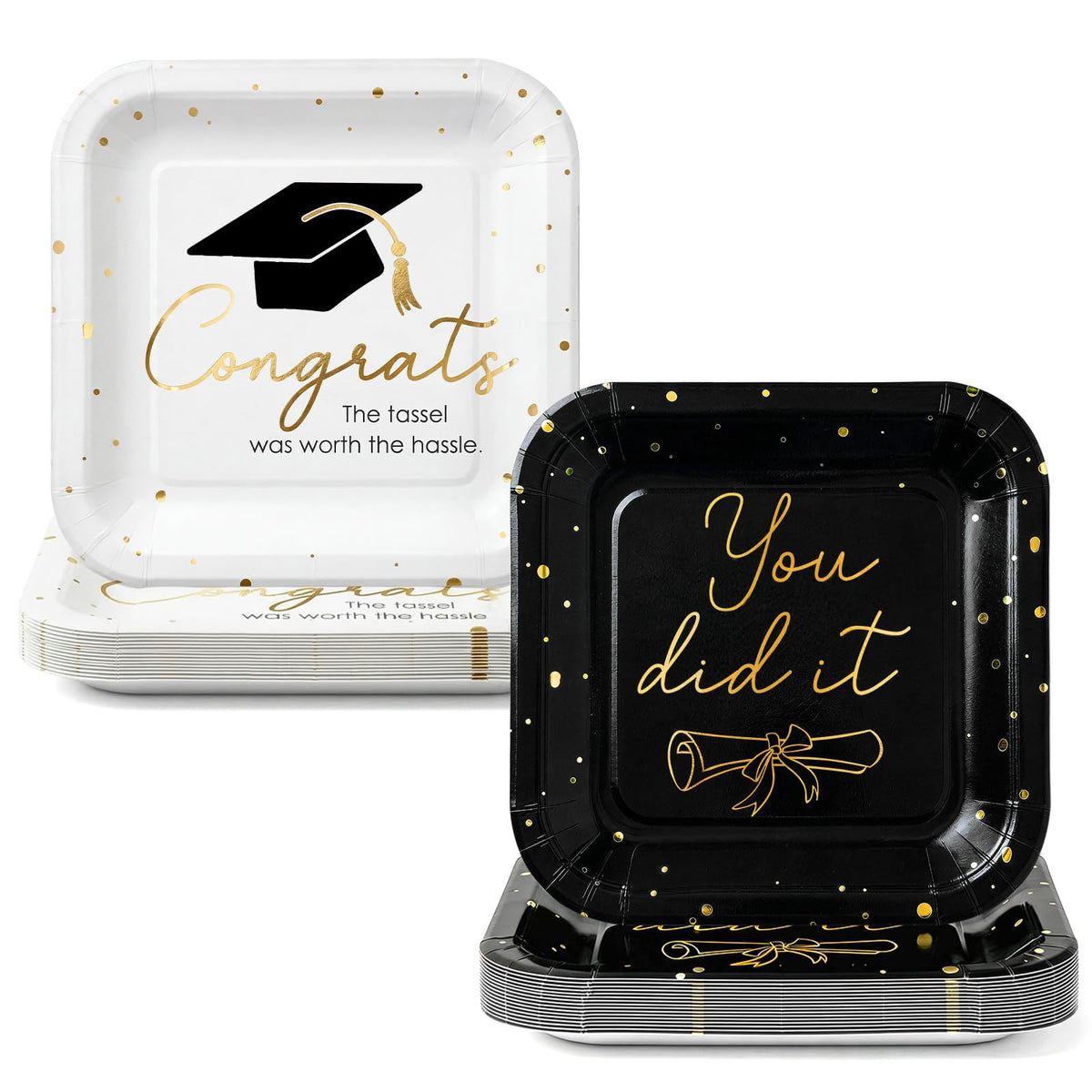 OuMuaMua 2026 grad plates in black-gold 7in square for an elegant table setting.