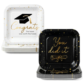 OuMuaMua 2026 grad plates in black-gold 7in square for an elegant table setting.