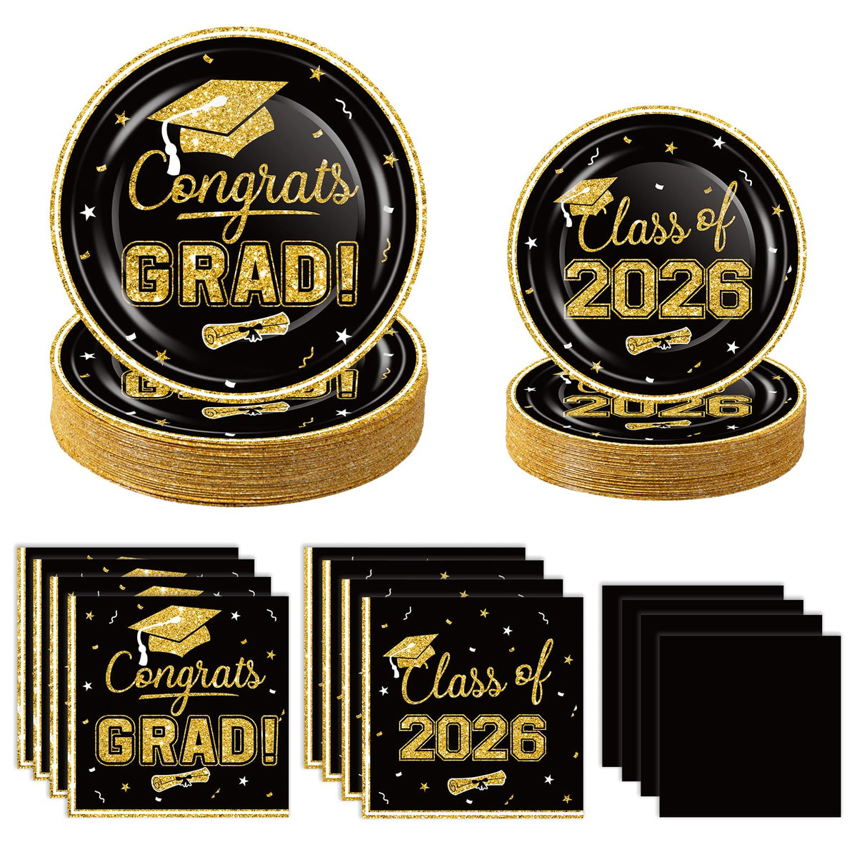 OuMuaMua black gold graduation plates, chic dinnerware for Class of 2026 celebrations