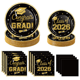 OuMuaMua black gold graduation plates, chic dinnerware for Class of 2026 celebrations