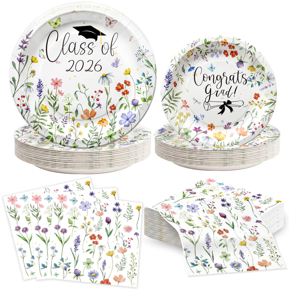 OuMuaMua Class of 2026 9-inch plates with wildflower design for graduation decor