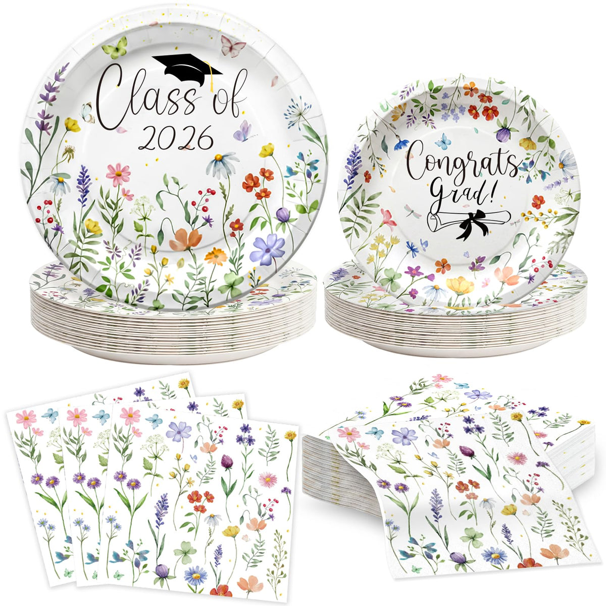 OuMuaMua Class of 2026 9-inch plates with wildflower design for graduation decor