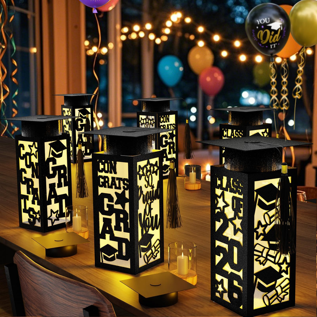 OuMuaMua graduation lantern boxes on a table centerpiece for a striking setup.