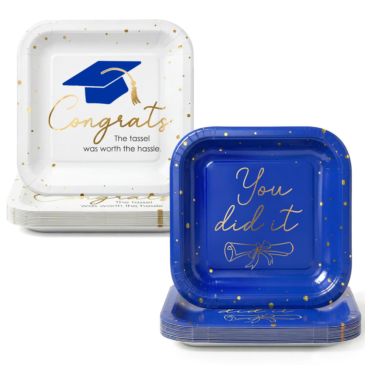 OuMuaMua blue-gold graduation plates elevate a chic tablescape and simplify cleanup.