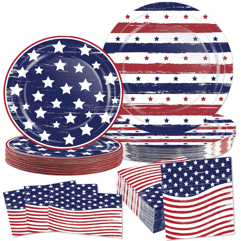 OuMuaMua patriotic plates 9in blue and red flag design for celebrations.
