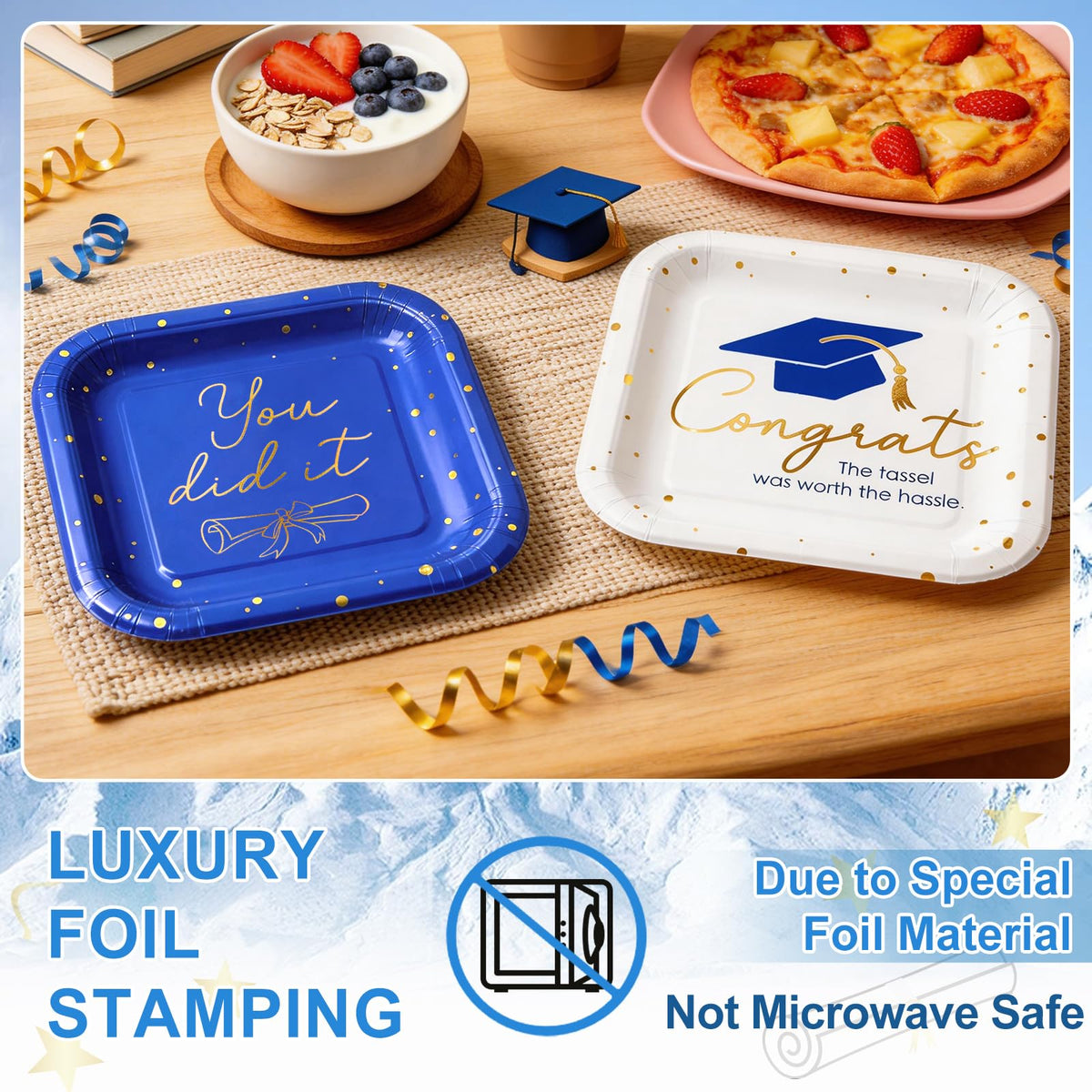 OuMuaMua table setup ideas with graduation plates for cohesive visuals.