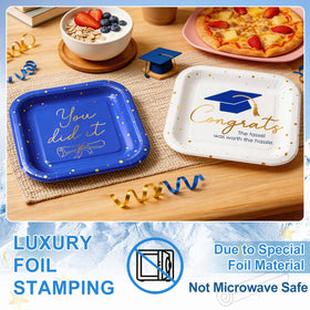 OuMuaMua table setup ideas with graduation plates for cohesive visuals.