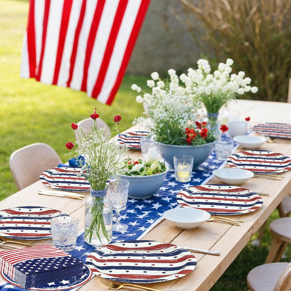 OuMuaMua blue red tableware suitable for Veterans Day or election night setups.