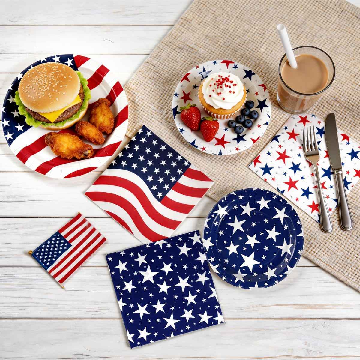 OuMuaMua Fourth of July dinner plates with flag design, ideal for meals.