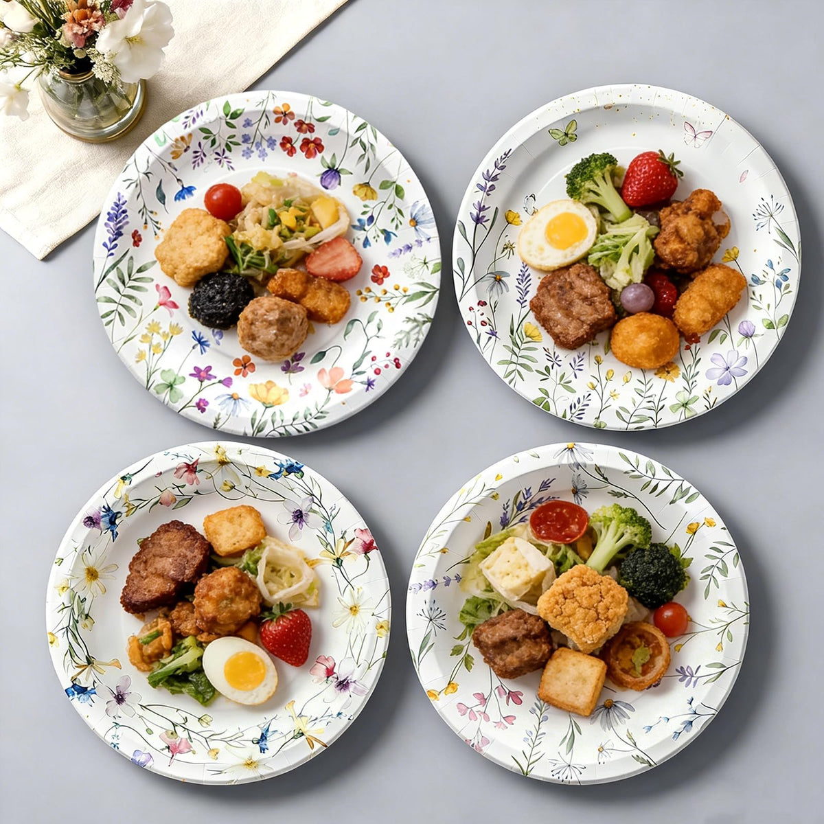 OuMuaMua wildflower plates with meadow blooms, ideal for baby showers and garden parties.