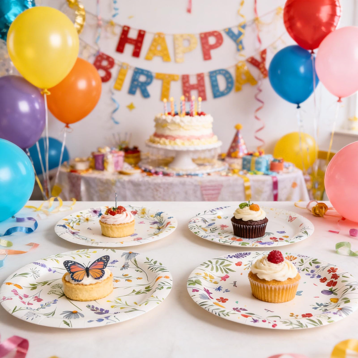 OuMuaMua wildflower plates pair with matching napkins for tea party decor.
