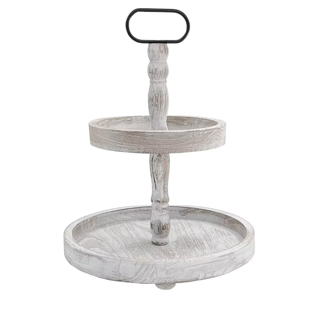 Ouosawa farmhouse 2-tier round white tray stand enhances rustic decor on any table