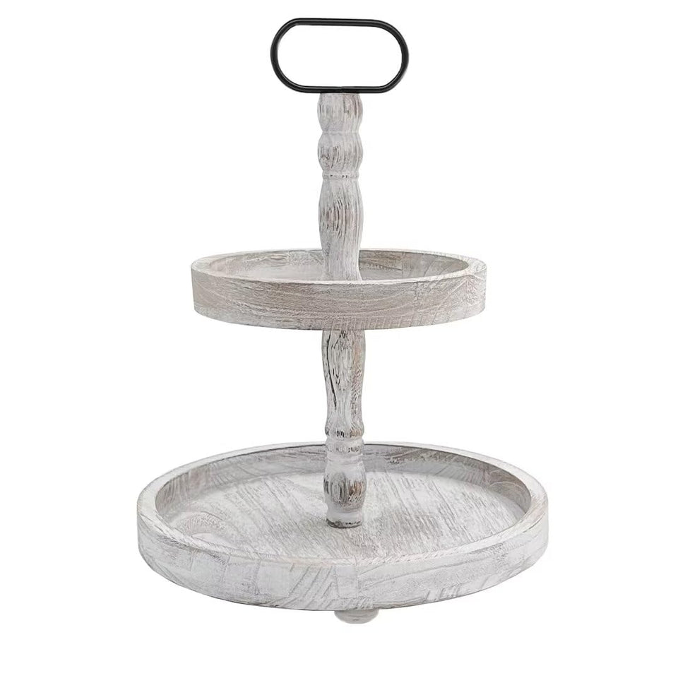 Ouosawa farmhouse 2-tier round white tray stand enhances rustic decor on any table
