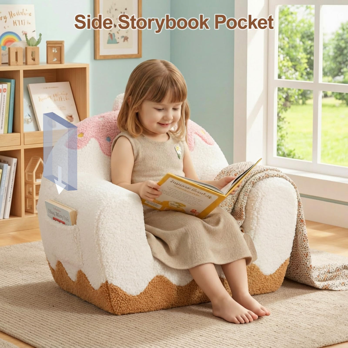 Easy-care sherpa fabric makes cleanup quick after playtime.