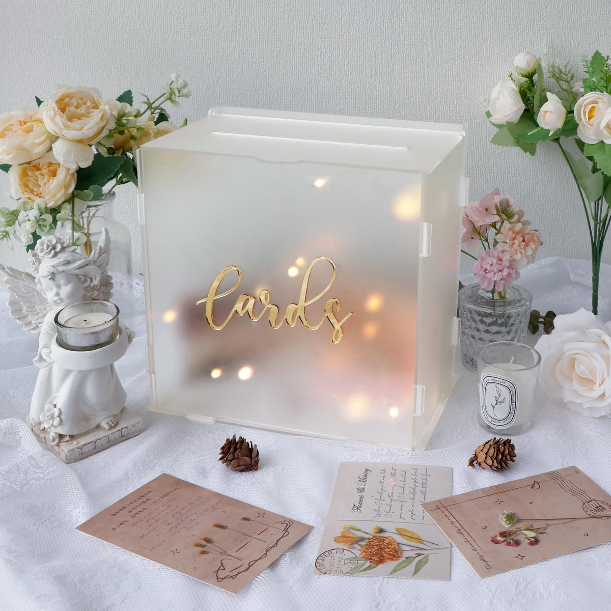 OurWarm acrylic wedding card box front view with warm LED glow for elegant decor