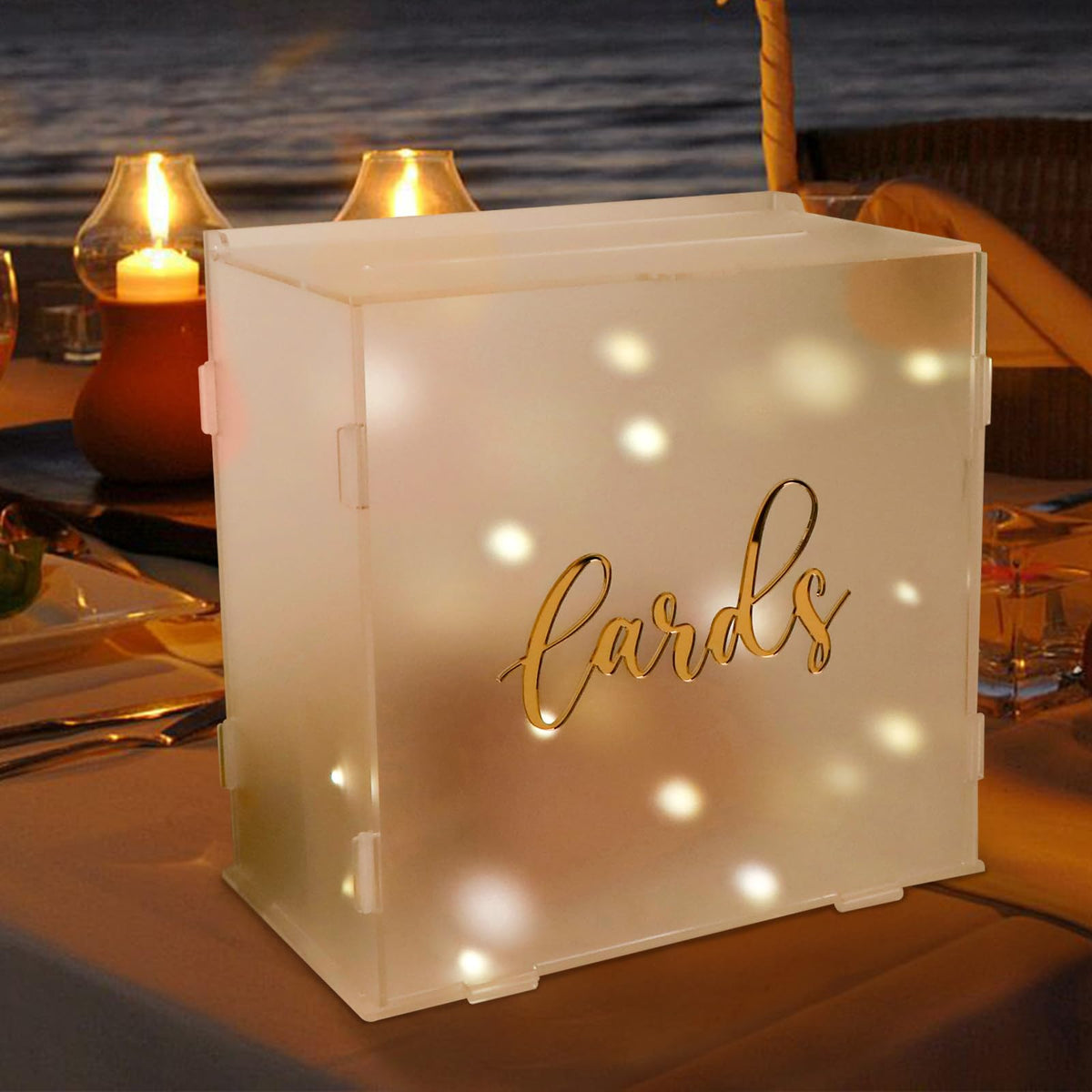 OurWarm acrylic wedding card box side view shows durable frosted panels