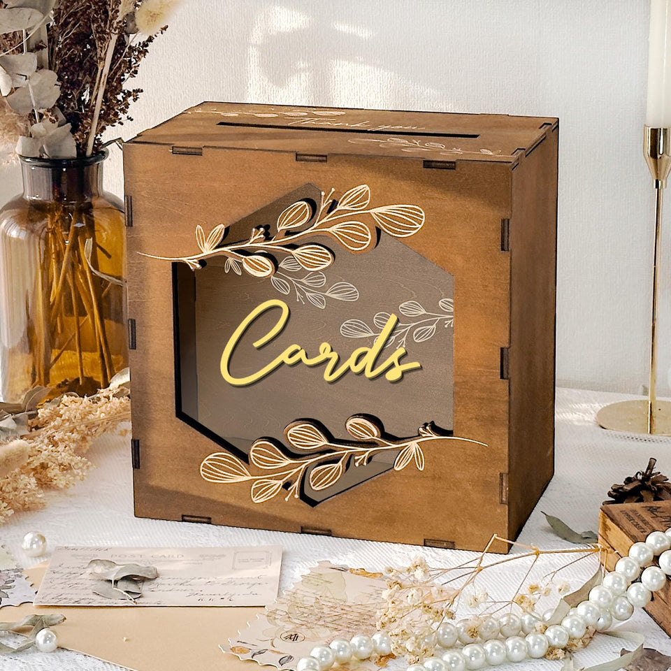 OurWarm brown wedding card box with acrylic window showcases cards stylishly at the reception, adding elegance.