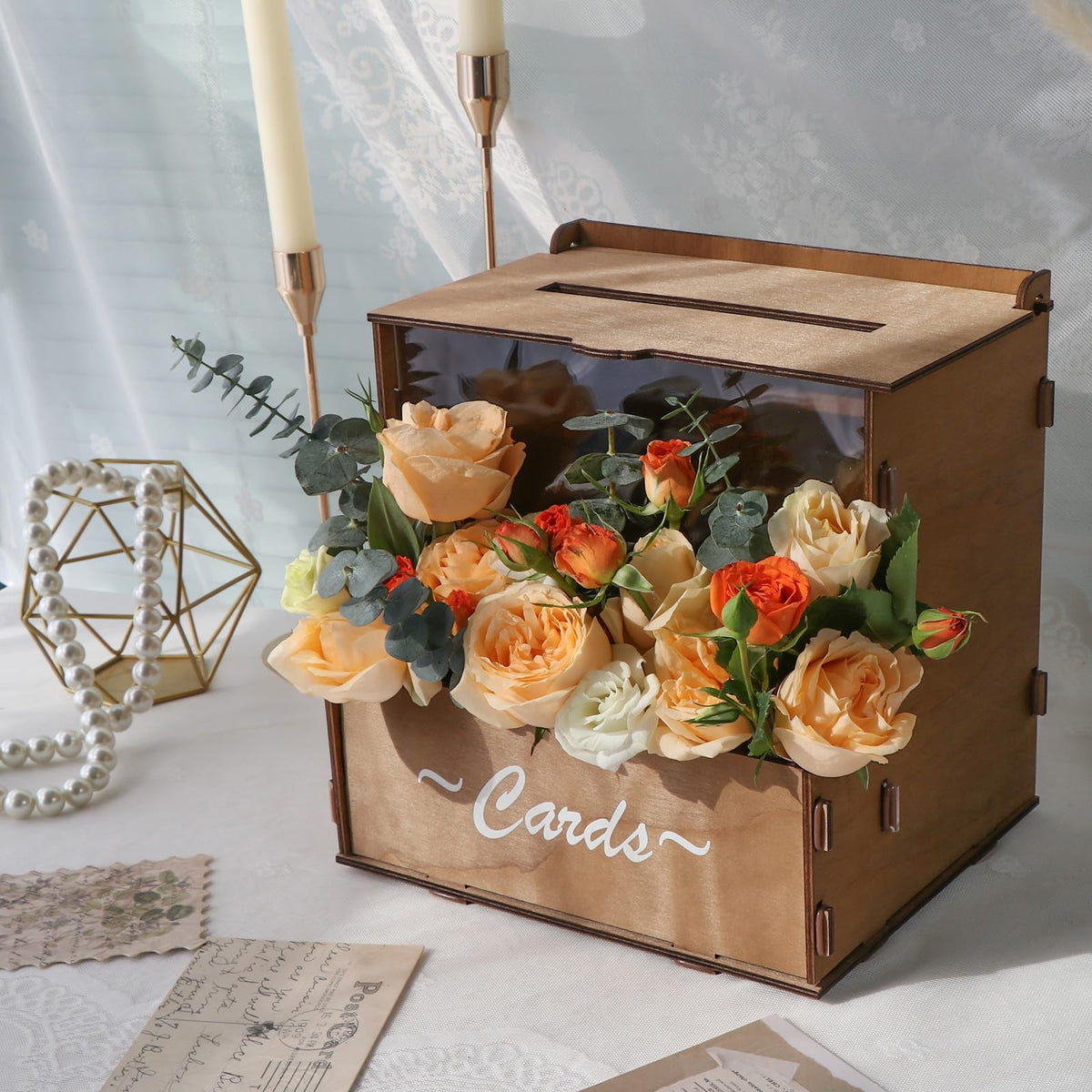 OurWarm brown wedding card box with flower trough on the front, ideal decorative focal point.