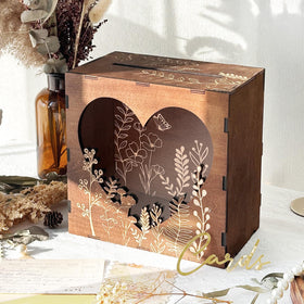 OurWarm brown wedding card box with heart acrylic window showcasing guest cards